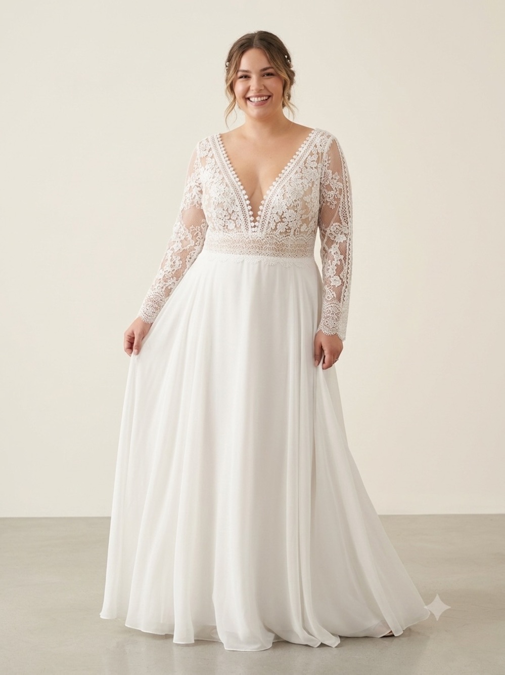 Long Sleeve Lace V-Neck White Bridal Gown